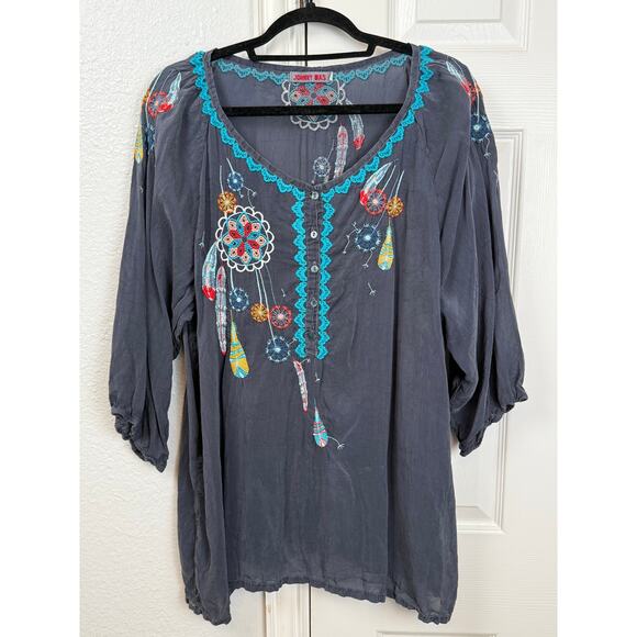 Johnny Was Silk Embroidered Boho Blouse XXL Dreamcatcher Feather Top